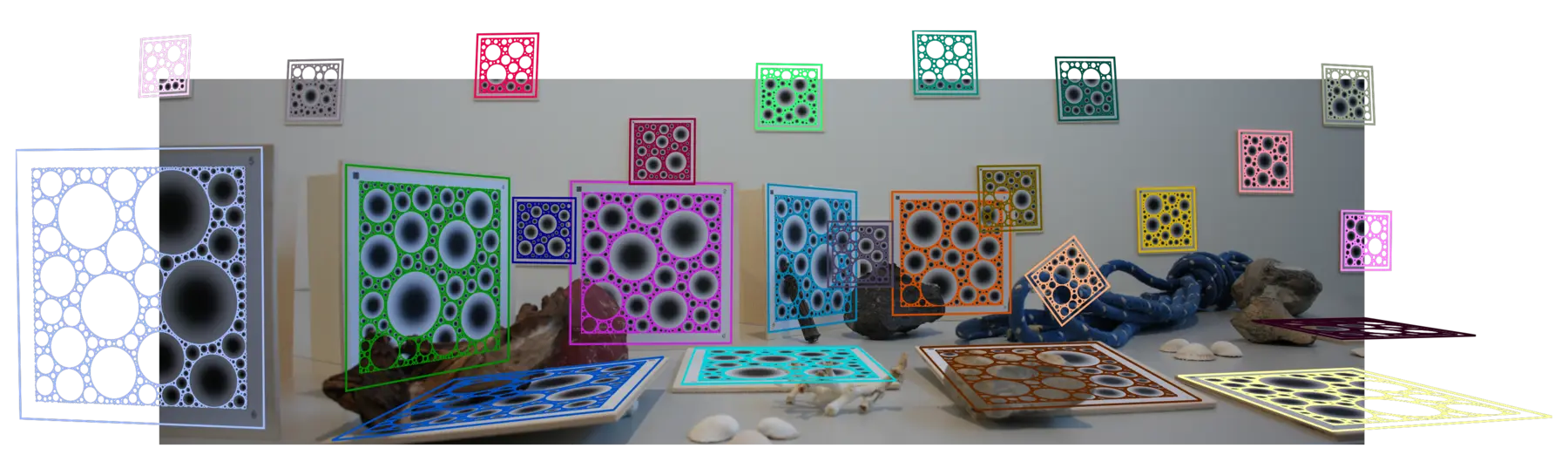 All 25 BlobBoards in a cluttered scene, detected, identified and registered
