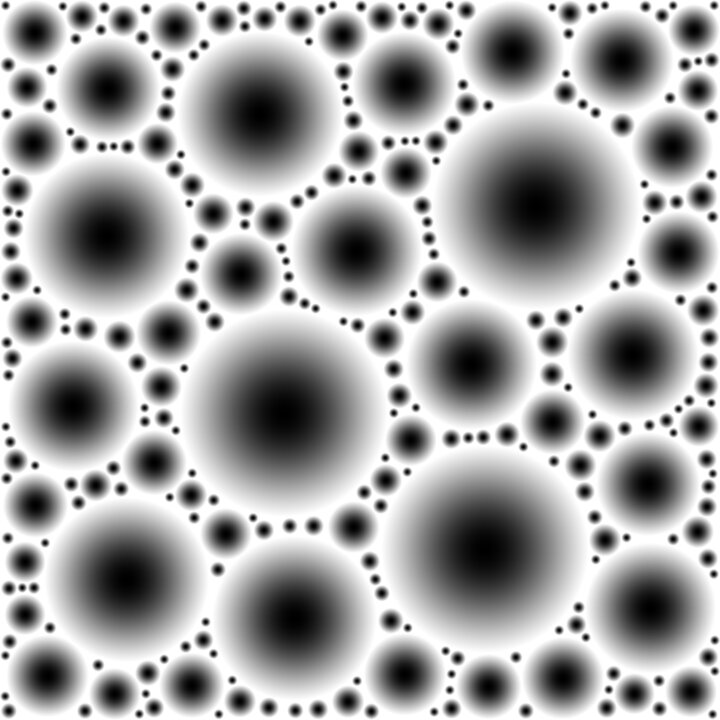 A square blob pattern: large soft Gaussian blobs packed with progressively smaller ones down to single dots.