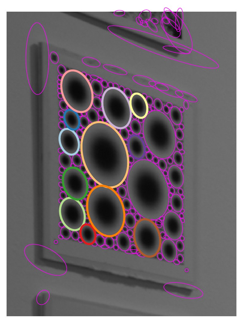 The same board with detections refined to anisotropic ellipses in magenta; twelve pose inliers are coloured individually.