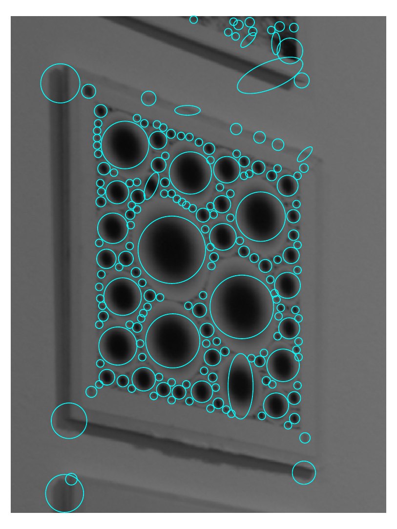 A photographed board with affine blob detections drawn as many small ellipses.