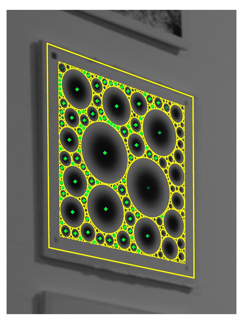 The reference pattern projected onto the board under the recovered pose, with reference blob centres in green.