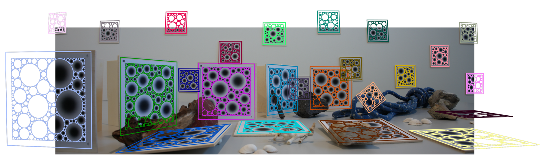 A cluttered scene with twenty-five BlobBoards at many distances and angles, each outlined in a distinct colour with its blob pattern re-projected onto the board.